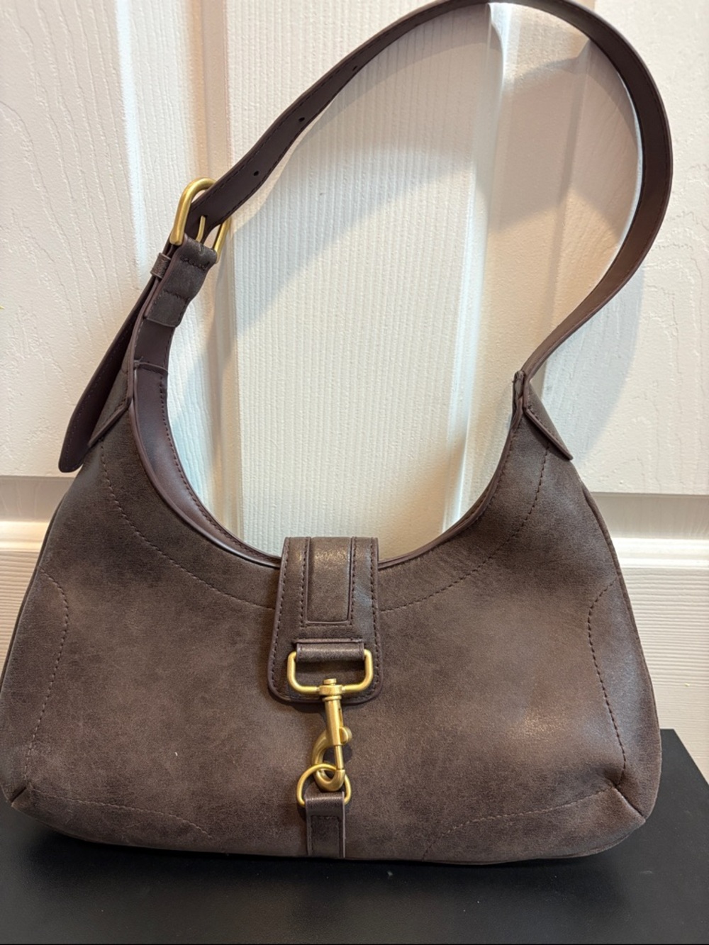 H & M Dark Brown Suede Mini Shoulder Bag with Gold Hardware